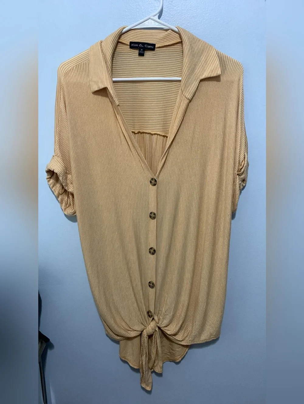 Button-Front Tie-Hem Women's Top in Tan - Picture 2 of 4